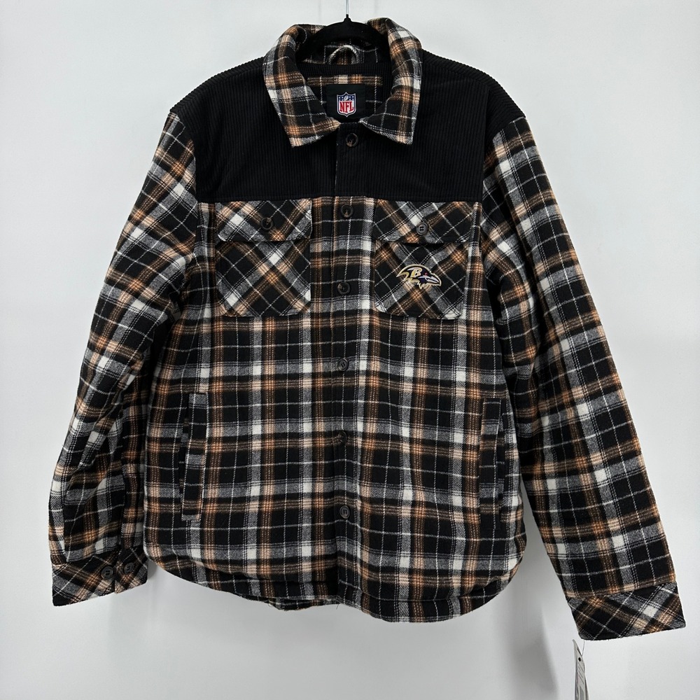 Officially Licensed NFL Men's Transitional Plaid Shirt Jacket Ravens Mens L NWT